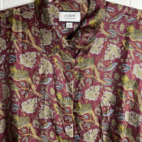 J Crew Top Womens 14 Floral Cheetah Bird Print 100% Silk Blouse Button Up Shirt - Picture 2 of 10